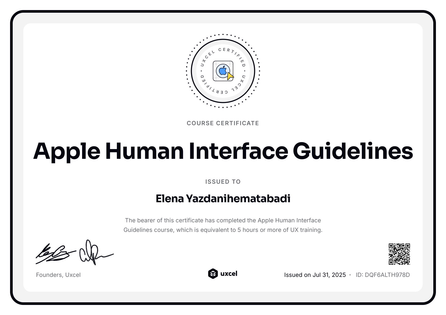 Elena Yazdanihematabadi's certificate